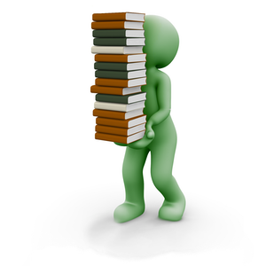 Stylised green tinted person carrying a stack of books